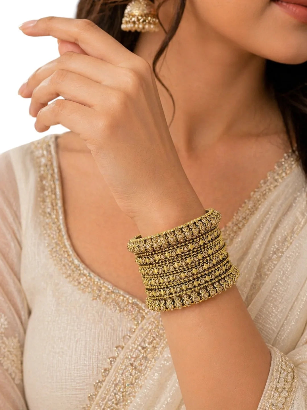 Set of 14 Gold-Plated Stone Studded & Beaded Bangles