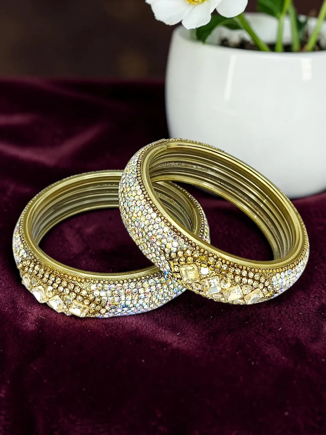 Set Of 2 Gold Plated CZ Kada Bangles