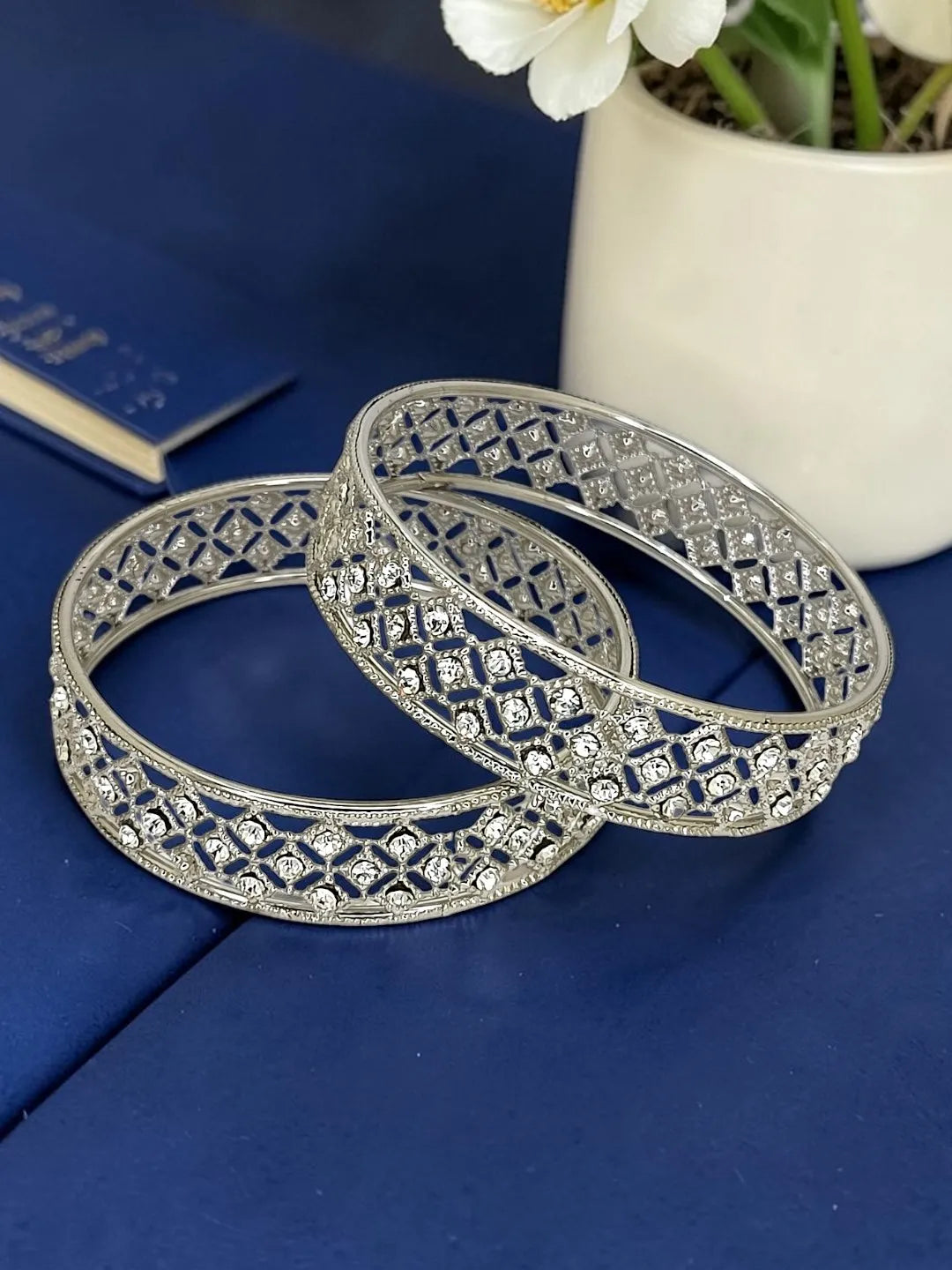 Set Of 2 Silver Plated CZ Bangle Set