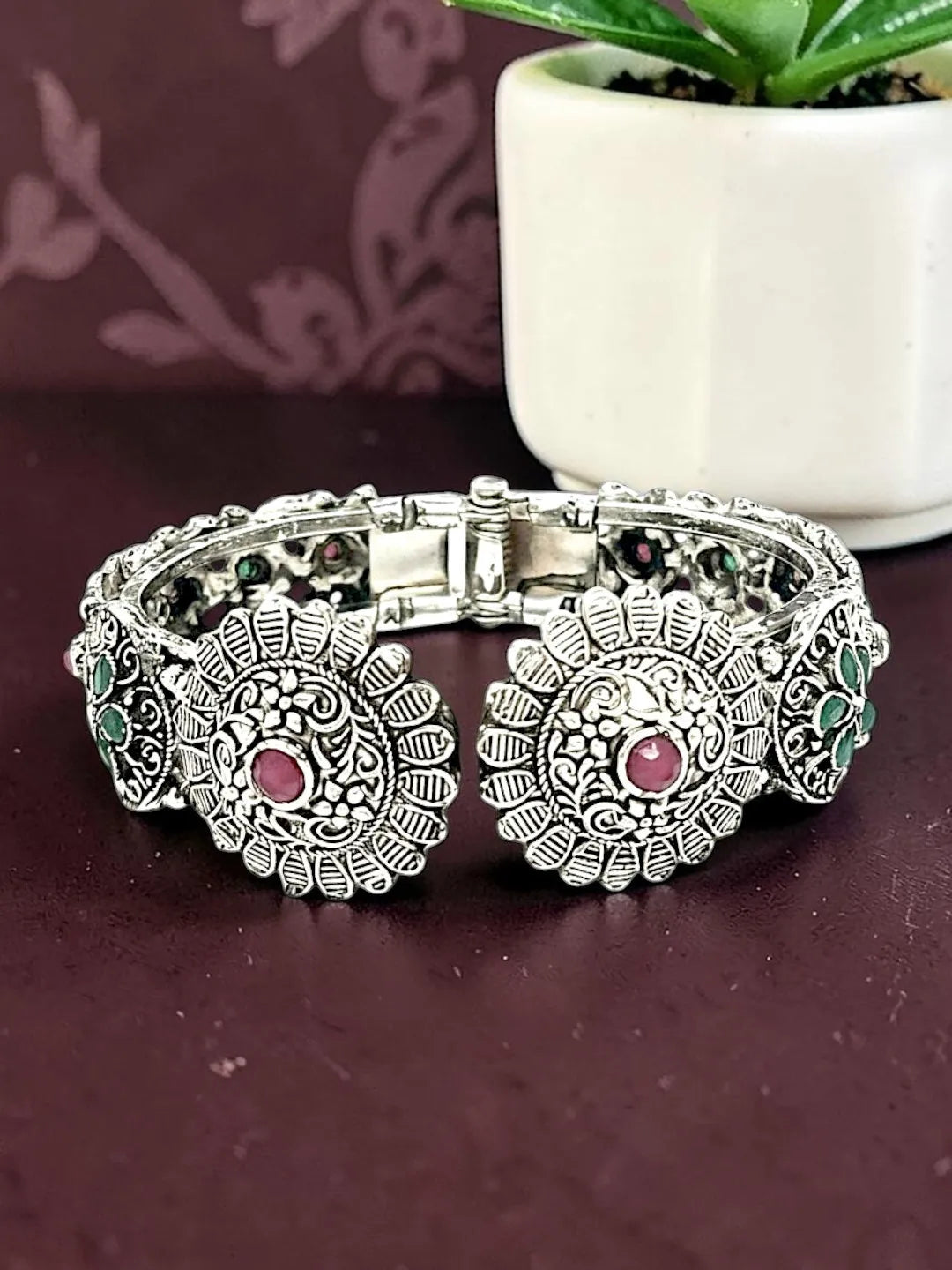 Silver-Plated Oxidised Stone Studded & Beaded Bangle