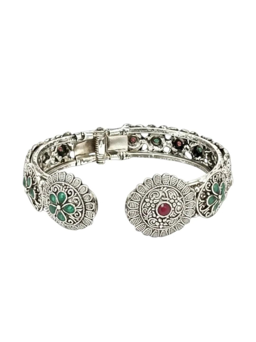 Silver-Plated Oxidised Stone Studded & Beaded Bangle