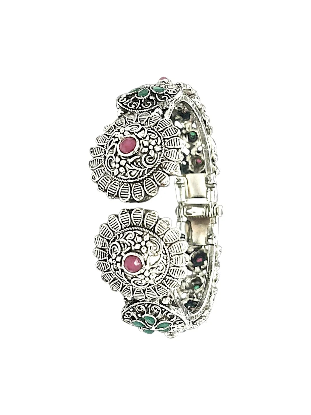 Silver-Plated Oxidised Stone Studded & Beaded Bangle
