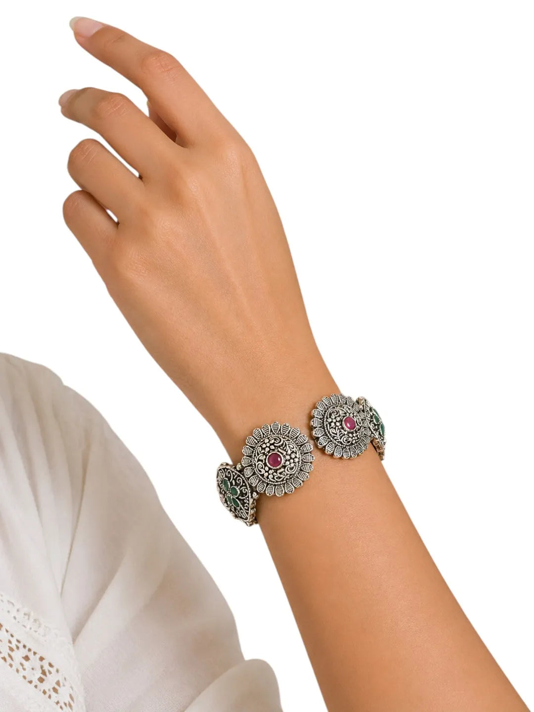 Silver-Plated Oxidised Stone Studded & Beaded Bangle