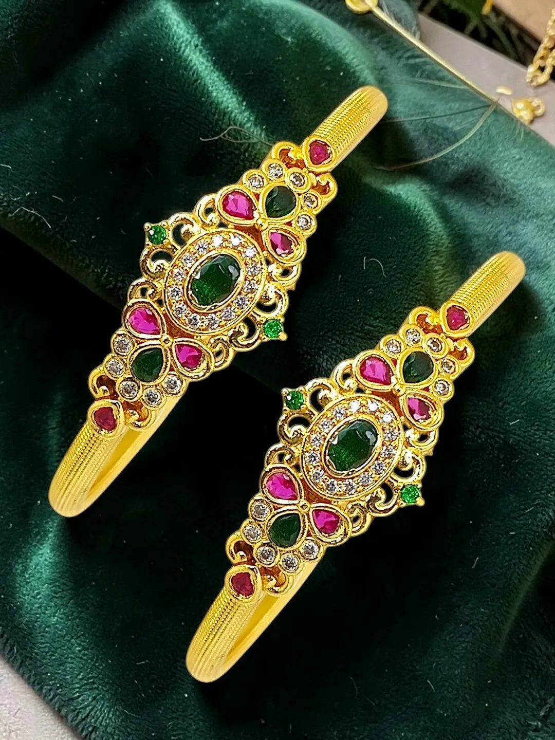 Set of 2 Gold-Plated Stone Studded & Beaded Bangles