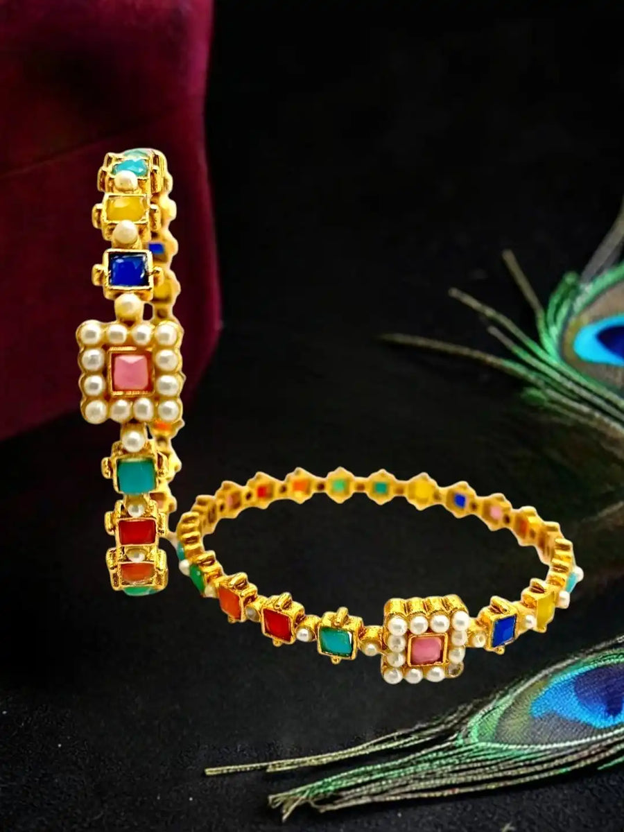 Set Of 2 Gold Plated Pearl Multicolour Bangles