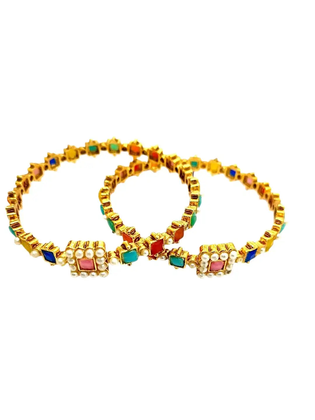 Set Of 2 Gold Plated Pearl Multicolour Bangles