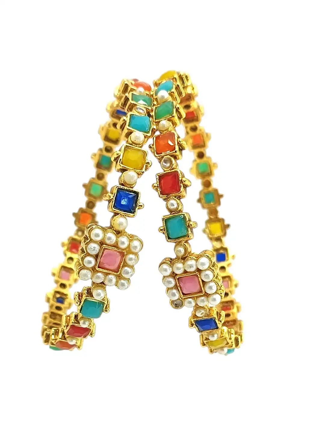 Set Of 2 Gold Plated Pearl Multicolour Bangles
