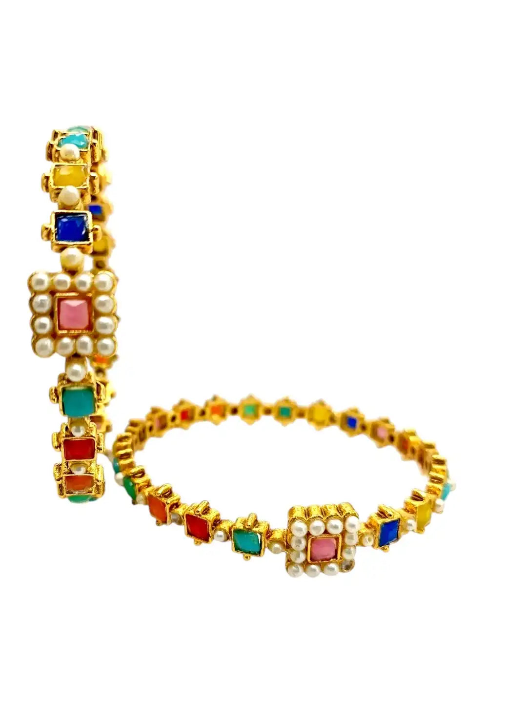Set Of 2 Gold Plated Pearl Multicolour Bangles