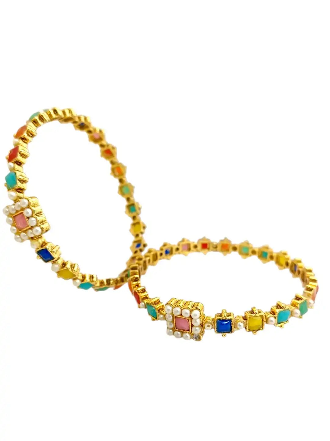 Set Of 2 Gold Plated Pearl Multicolour Bangles