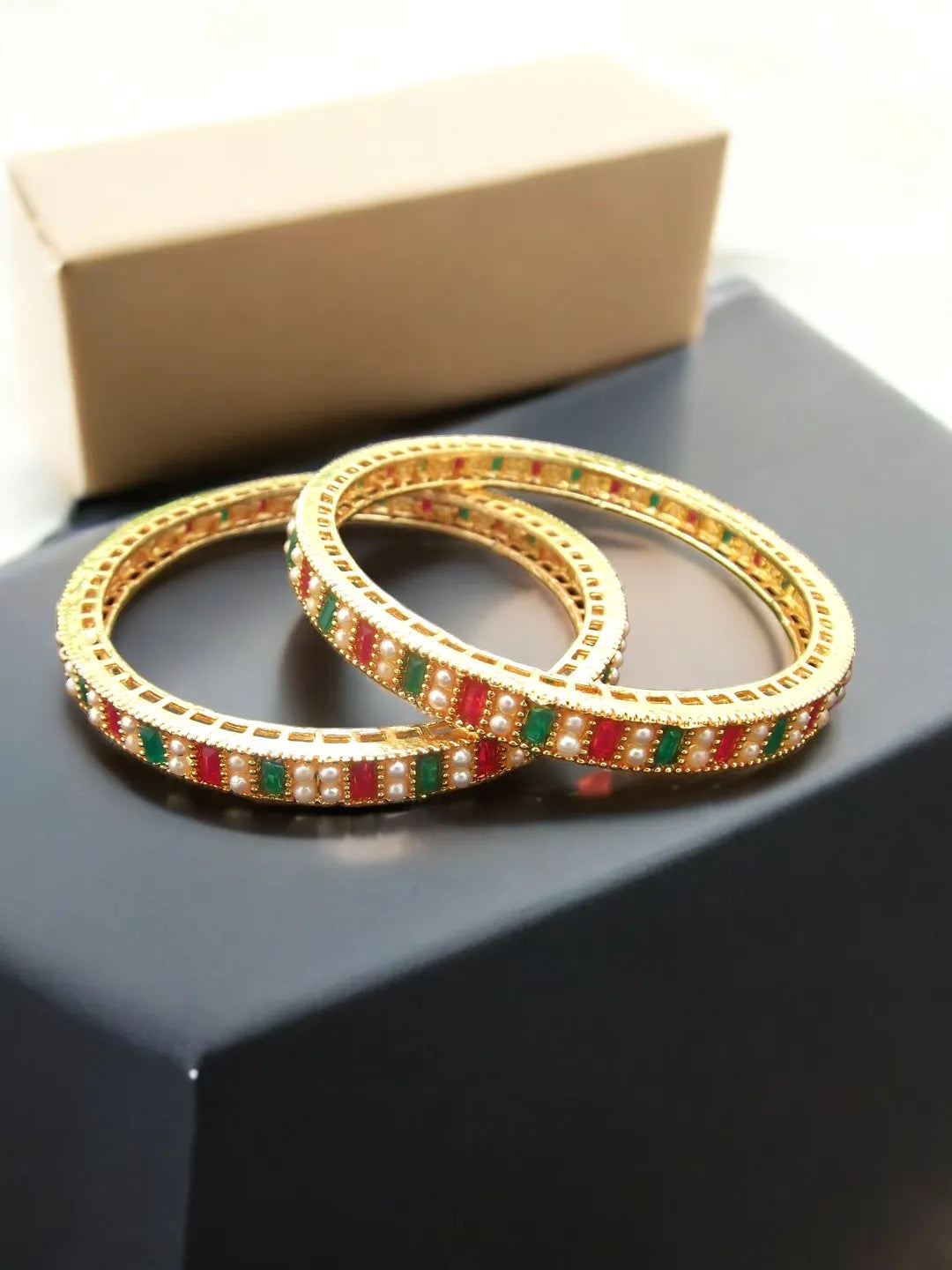 Gold-Plated Stone & Beads Studded Bangles Set (Pack of 2)