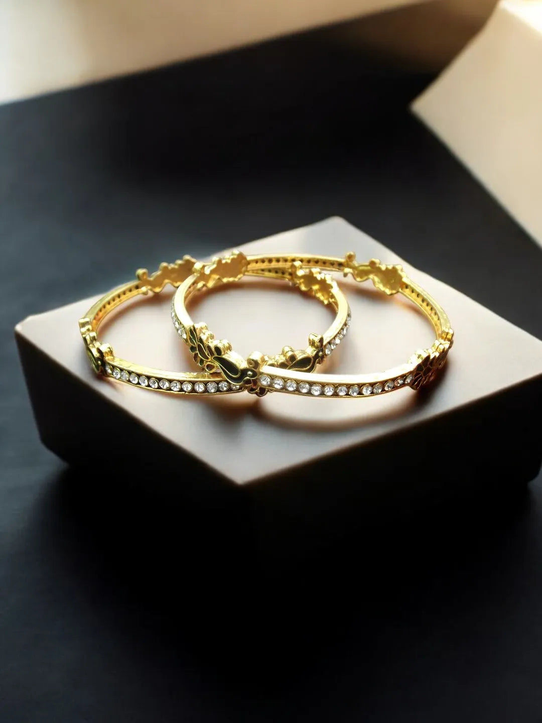 Set Of 2 Gold-Plated CZ Studded Peacock Bangles Set