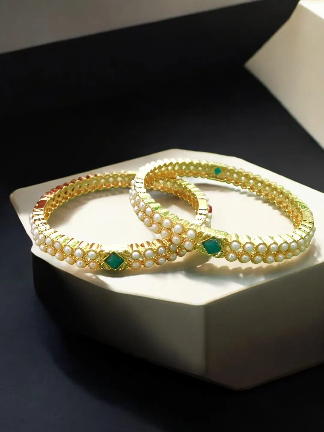 Set Of 2 Gold-Plated Stone & Beads Studded Bangles Set