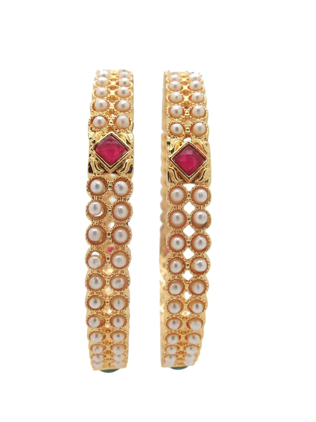 Set Of 2 Gold-Plated Stone & Beads Studded Bangles Set