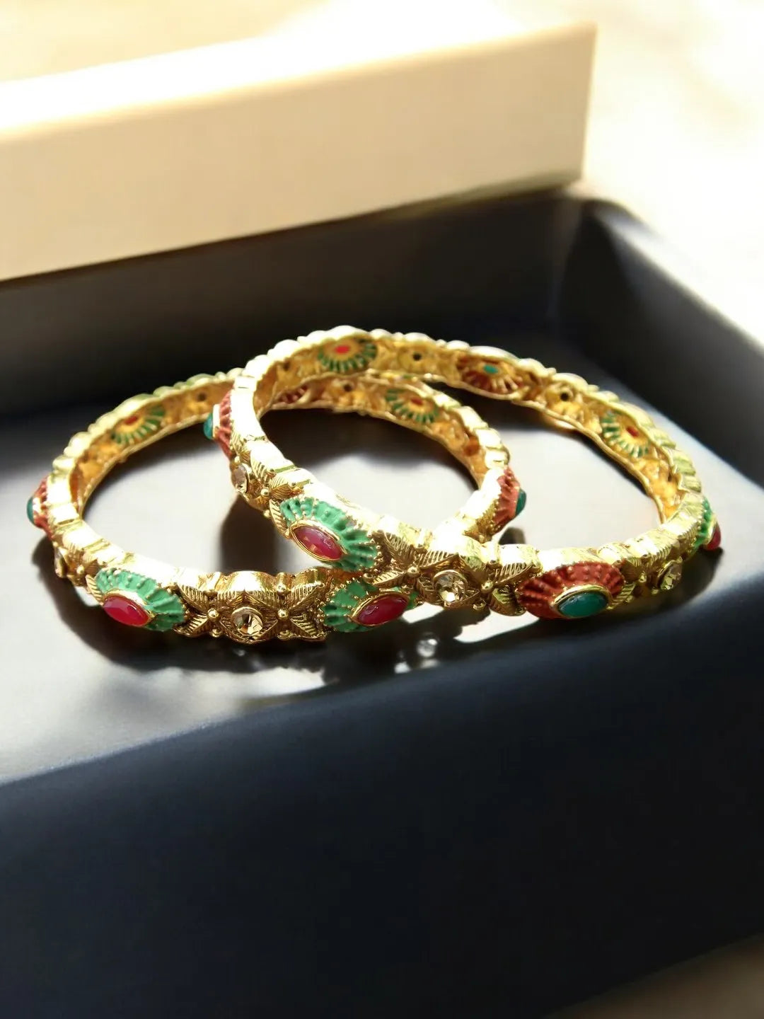 Set Of 2 Gold-Plated Red Green Handcraft Bangles Set