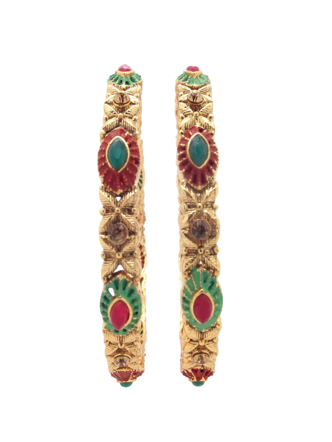 Set Of 2 Gold-Plated Red Green Handcraft Bangles Set