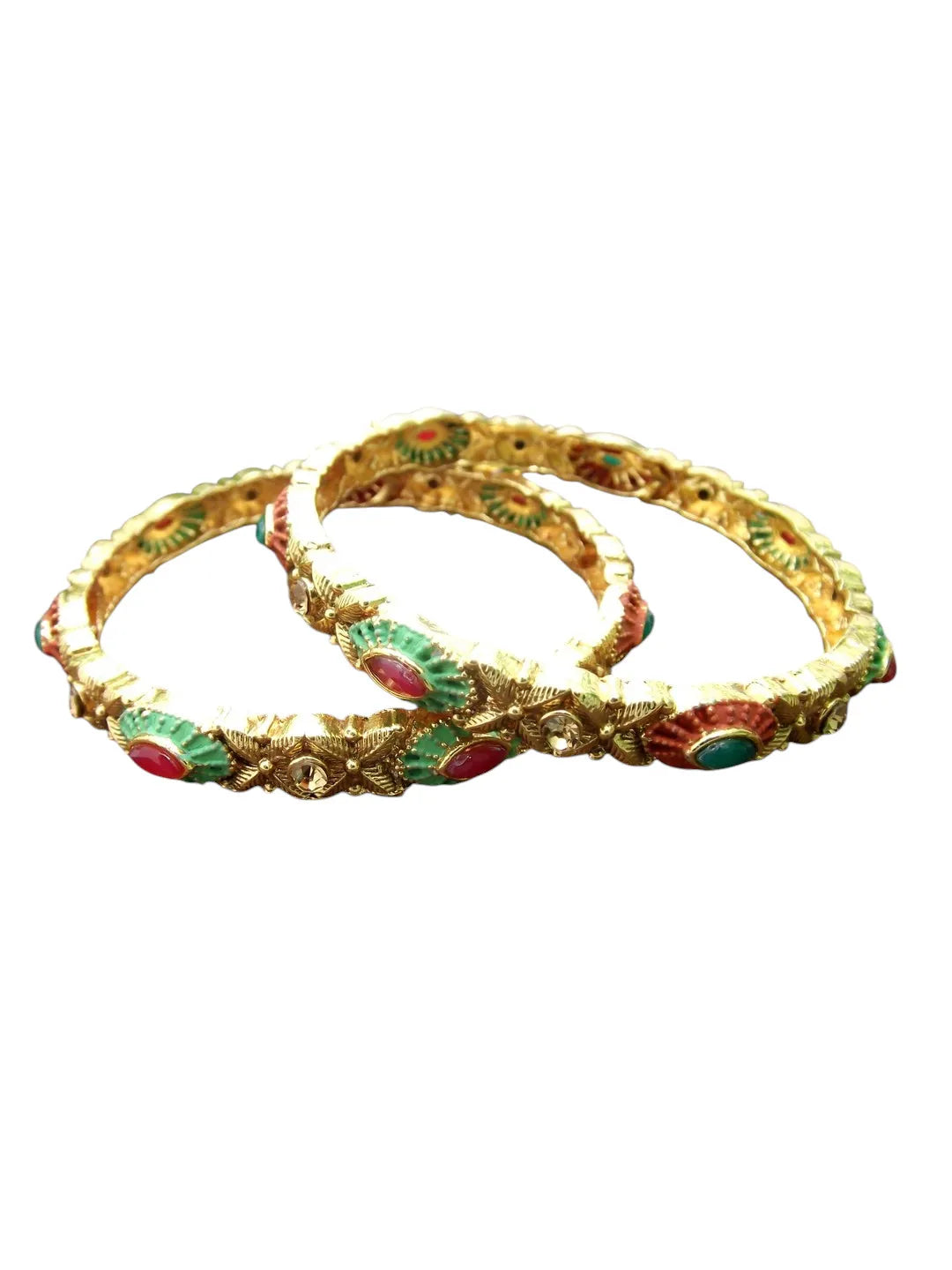 Set Of 2 Gold-Plated Red Green Handcraft Bangles Set