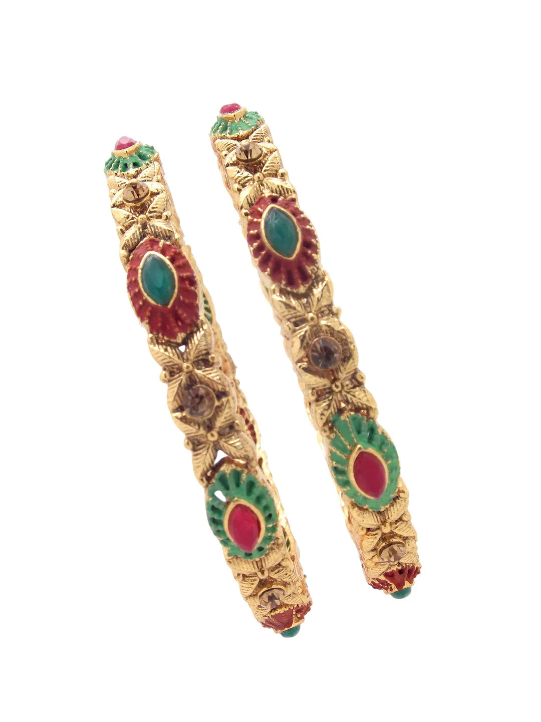 Set Of 2 Gold-Plated Red Green Handcraft Bangles Set