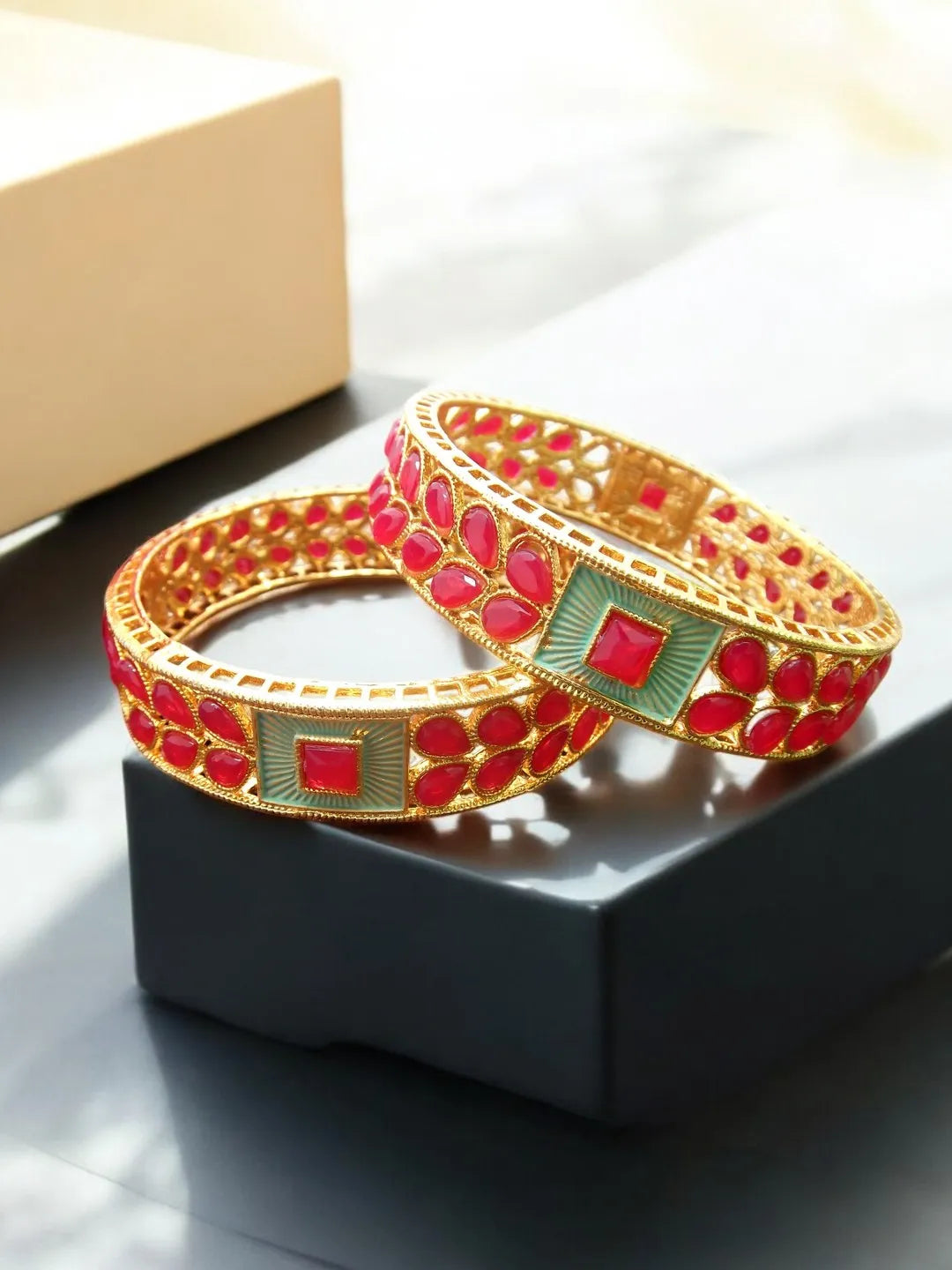 Set Of 2 Gold-Plated Artificial Red Stone Studded Bangles Set