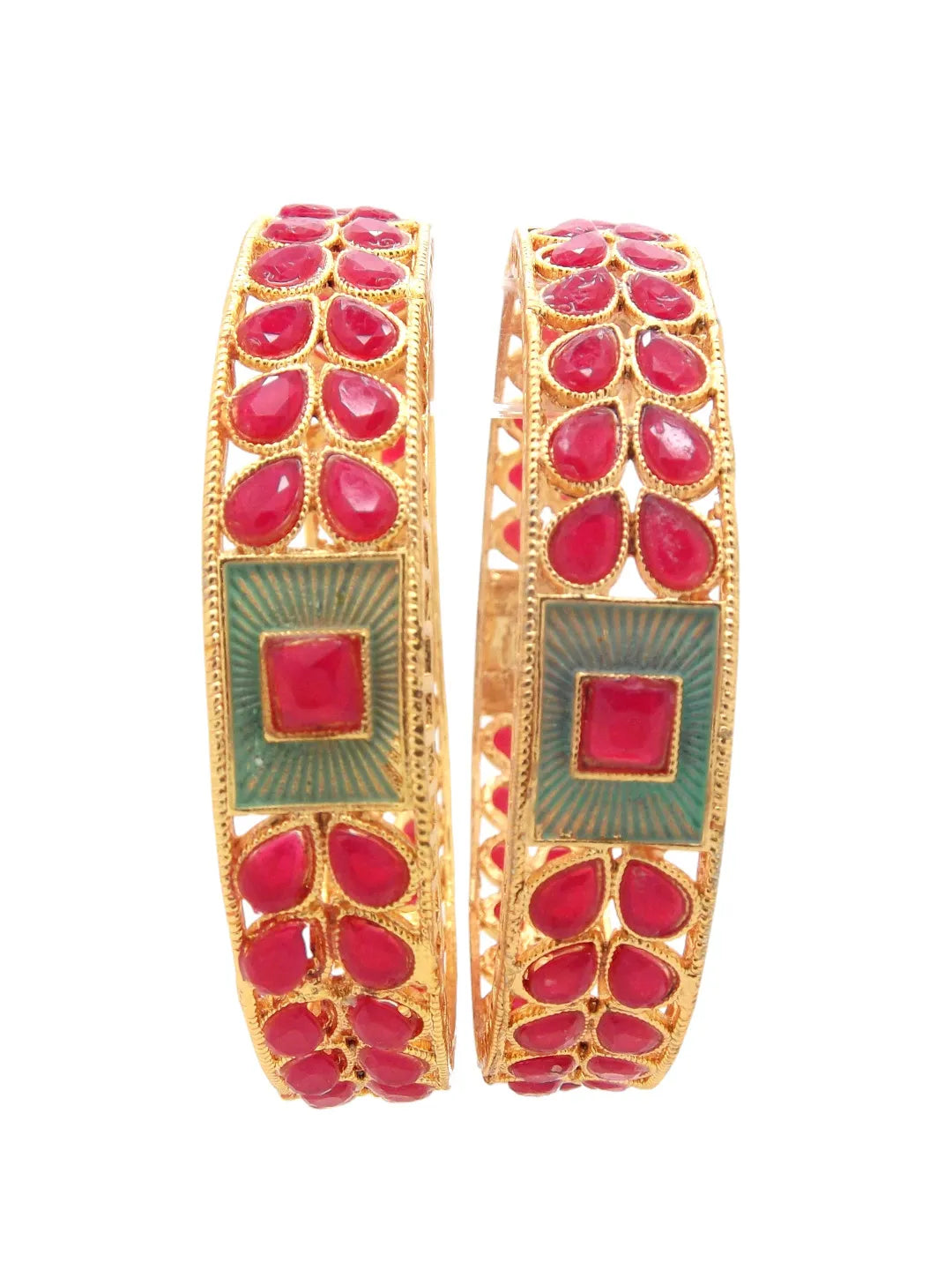 Set Of 2 Gold-Plated Artificial Red Stone Studded Bangles Set