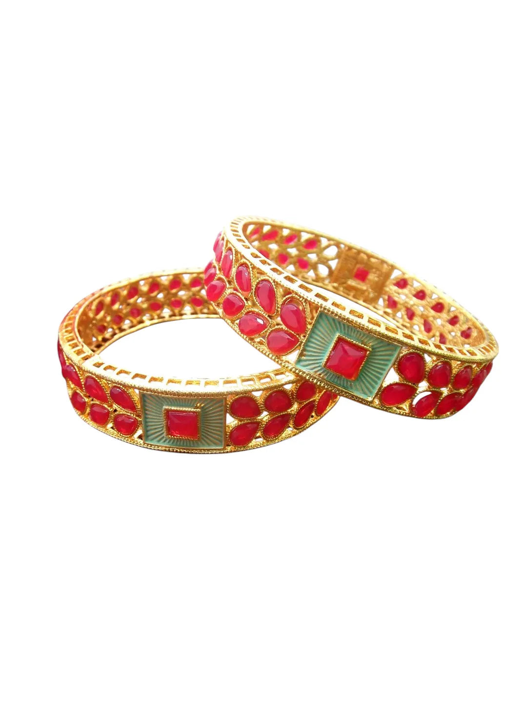 Set Of 2 Gold-Plated Artificial Red Stone Studded Bangles Set