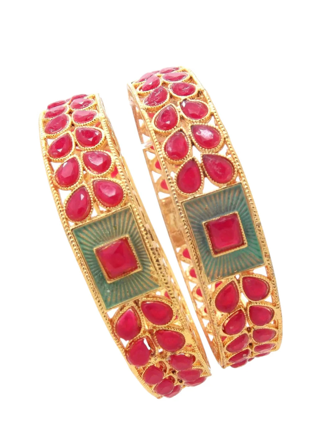Set Of 2 Gold-Plated Artificial Red Stone Studded Bangles Set
