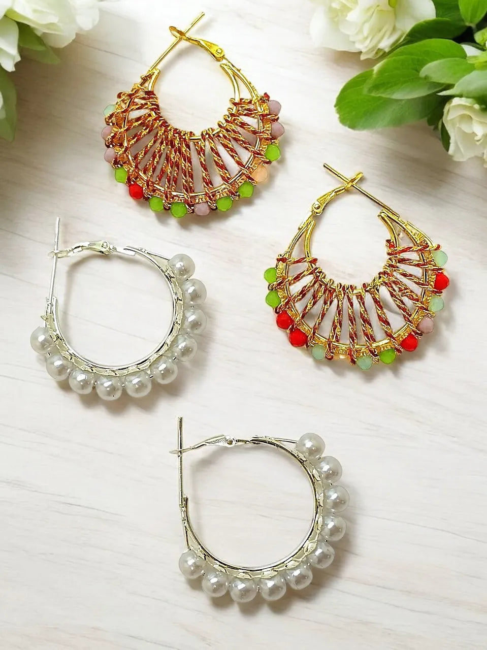 Pearl & Multi-Colored Beads Combo Earrings Set of 2