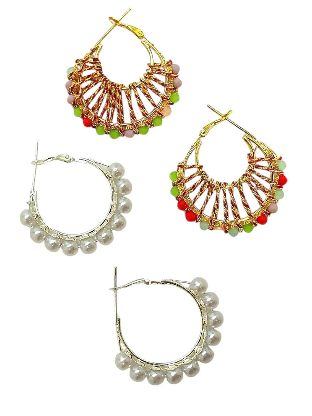 Pearl & Multi-Colored Beads Combo Earrings Set of 2