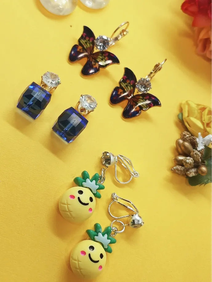 Set of 3 Gold-Plated Vibrant Charm Drop Earrings