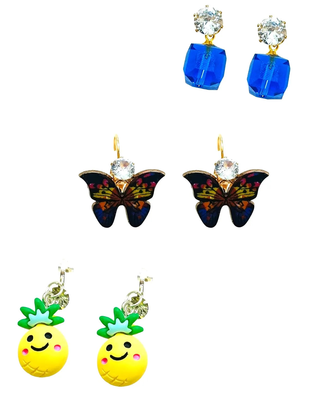 Set of 3 Gold-Plated Vibrant Charm Drop Earrings