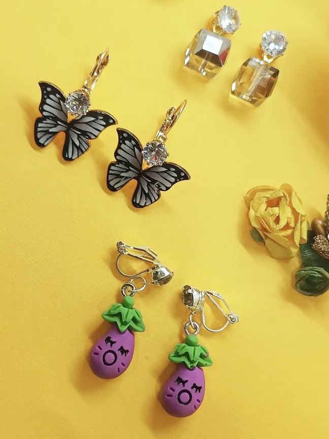 Set of 3 Gold-Plated Whimsical Charm Drop Earrings