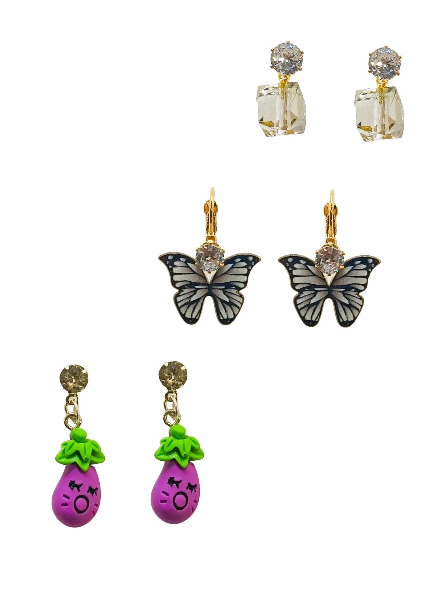 Set of 3 Gold-Plated Whimsical Charm Drop Earrings