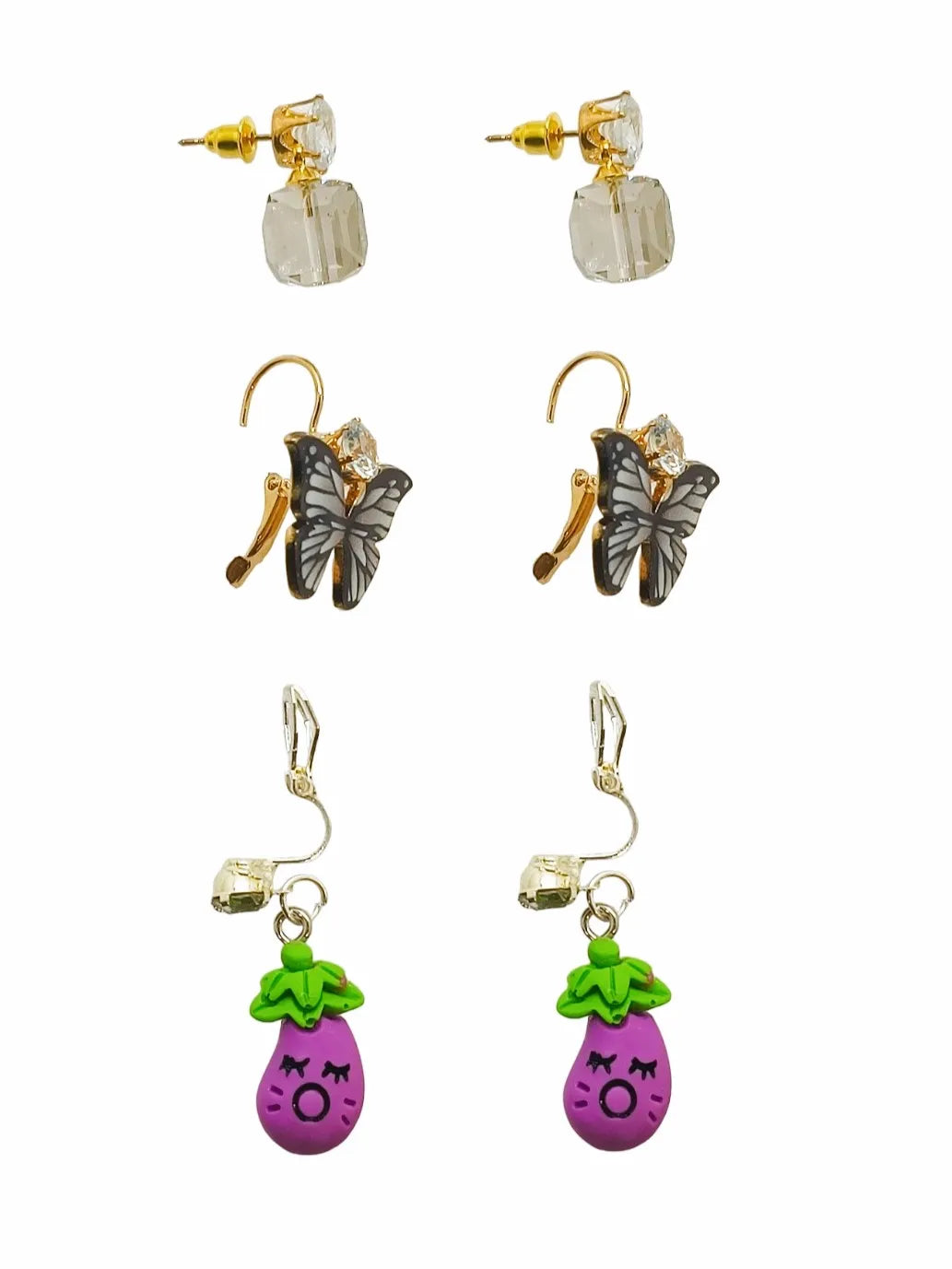Set of 3 Gold-Plated Whimsical Charm Drop Earrings