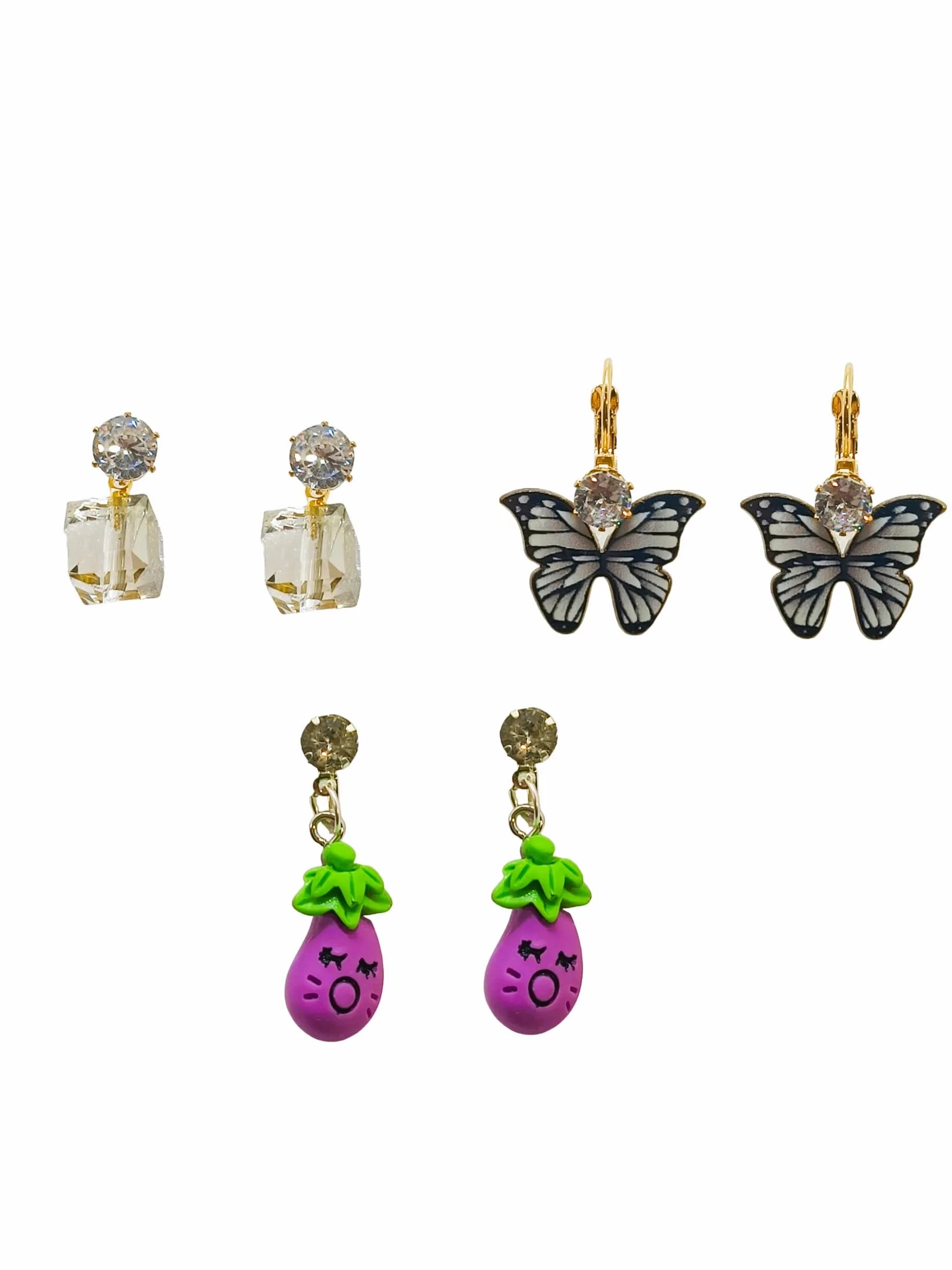 Set of 3 Gold-Plated Whimsical Charm Drop Earrings