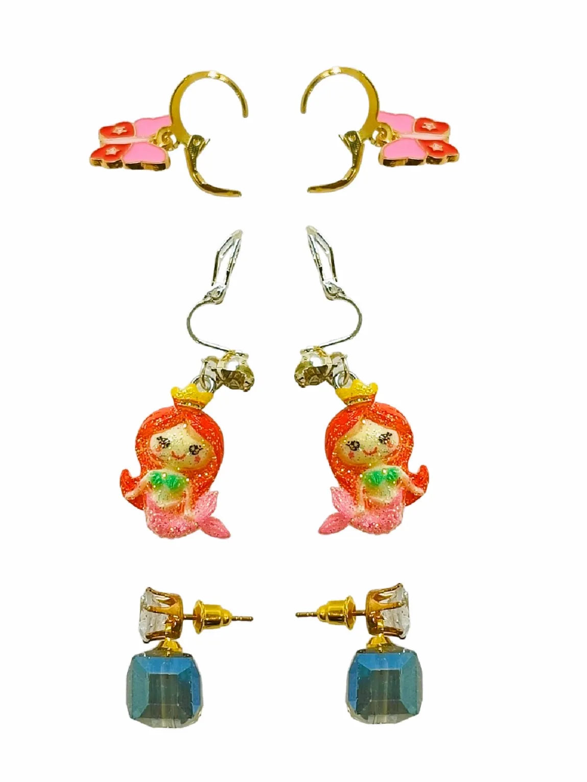 Set Of 3 Silver-Plated Cubic Zirconia Quirky Drop Earrings