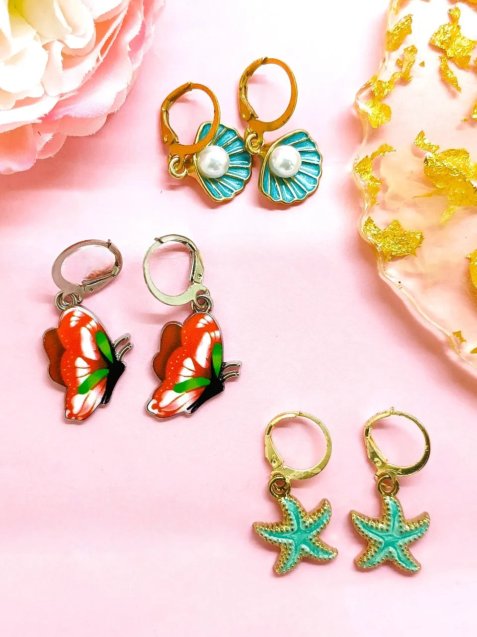 Set Of 3 Gold-Plated Contemporary Drop Earrings