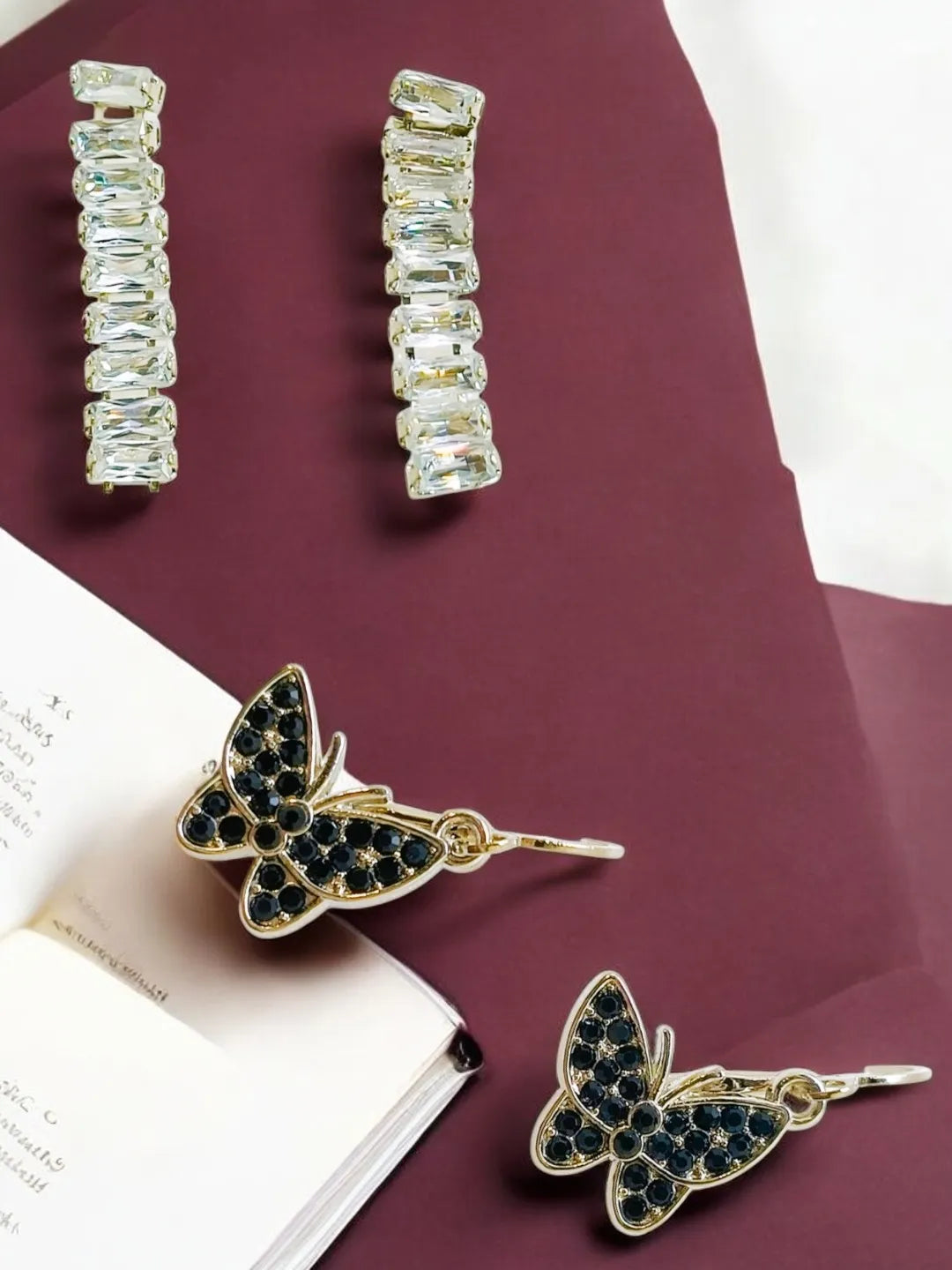 Black Butterfly and CZ Fusion Earrings Set of 2