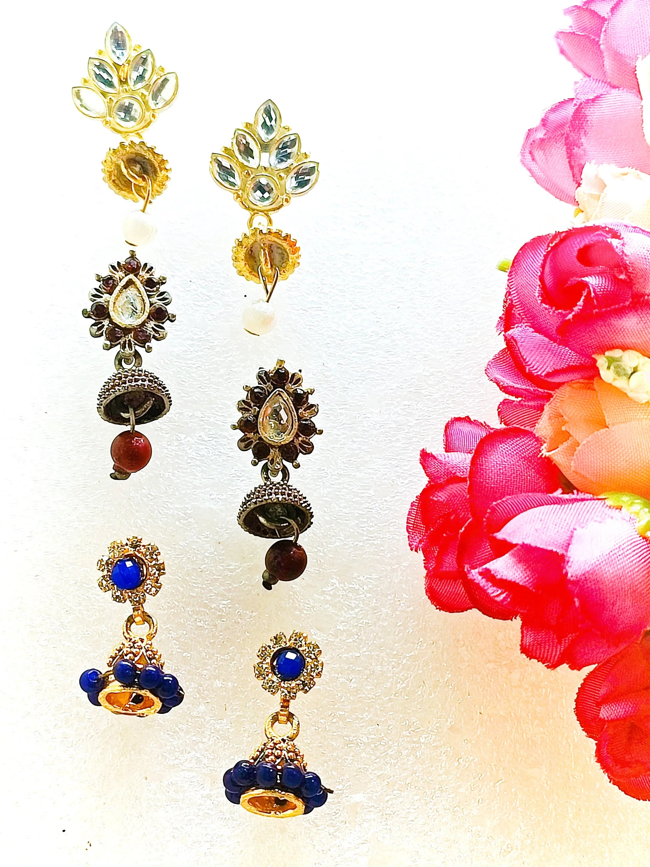 Set Of 3 Gold-Plated Stone Studded Dome Shaped Jhumkas