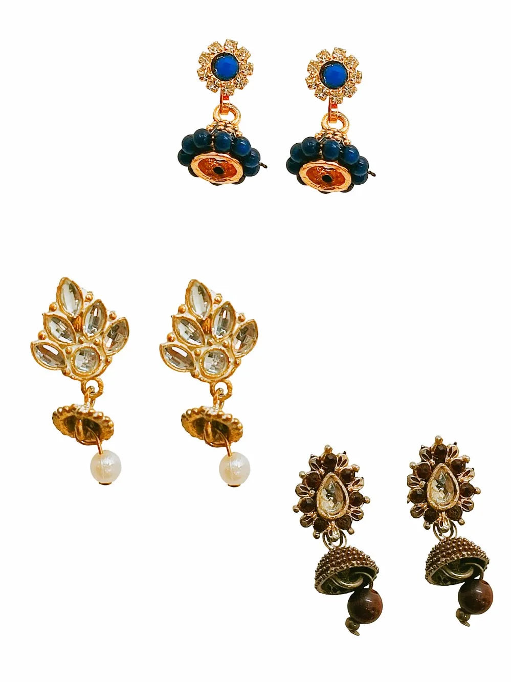 Set Of 3 Gold-Plated Stone Studded Dome Shaped Jhumkas
