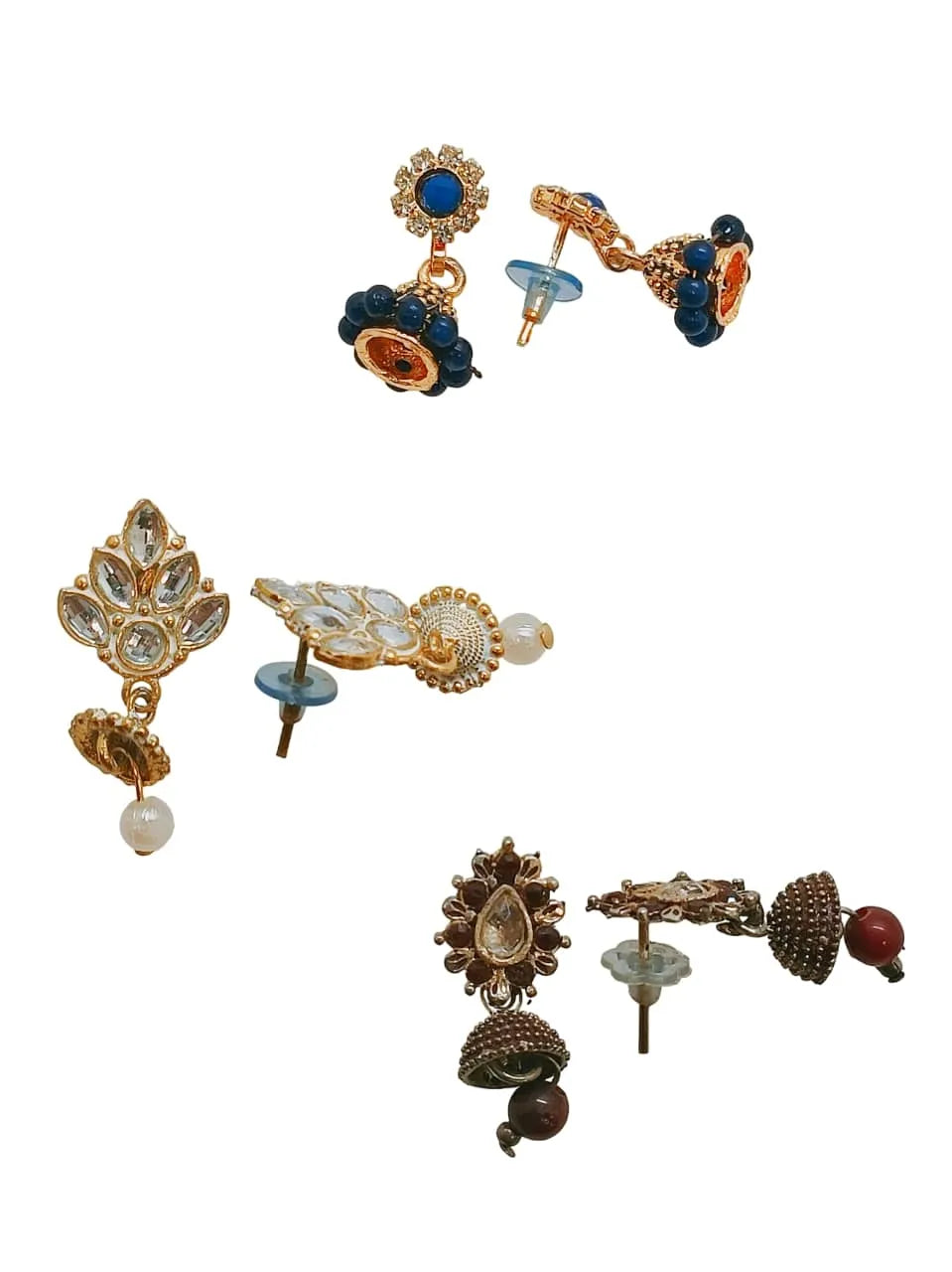 Set Of 3 Gold-Plated Stone Studded Dome Shaped Jhumkas