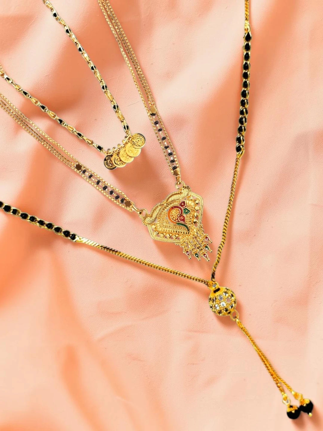 Set Of 3 Gold-Plated Long Mangalsutra Set