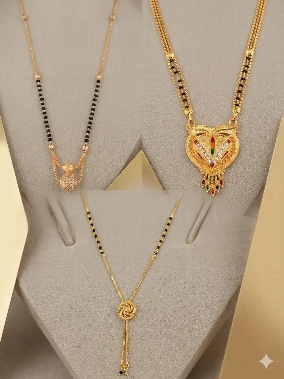Set of 3 Gold Plated Artificial Stones and Beads Mangalsutra