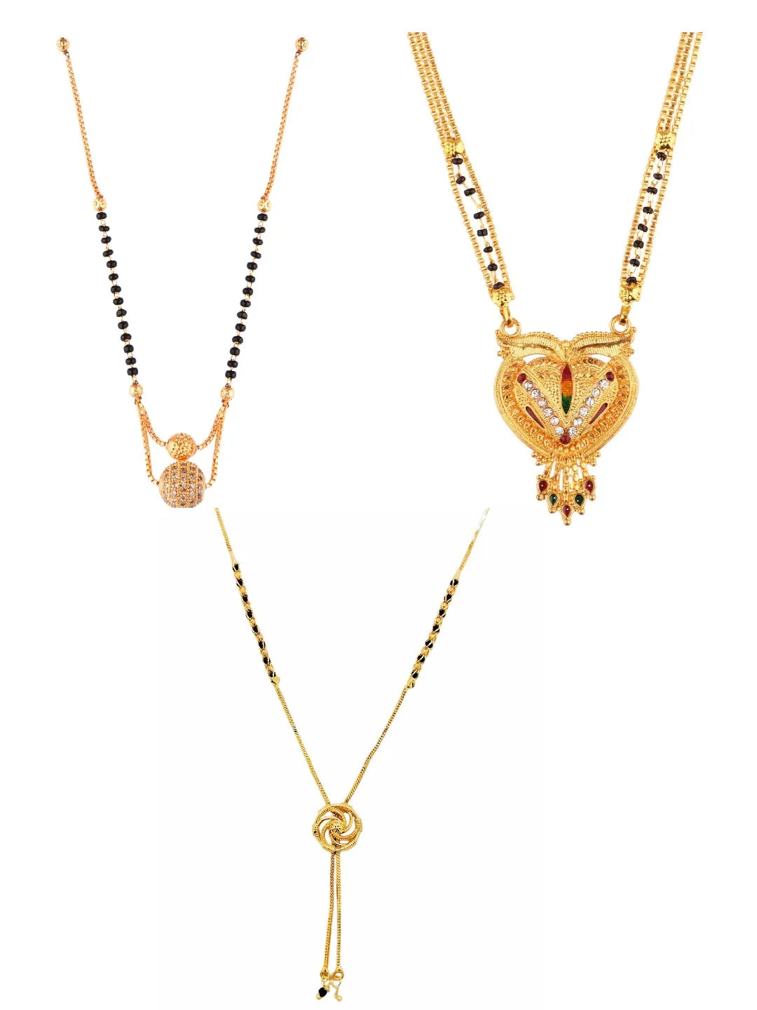 Set of 3 Gold Plated Artificial Stones and Beads Mangalsutra
