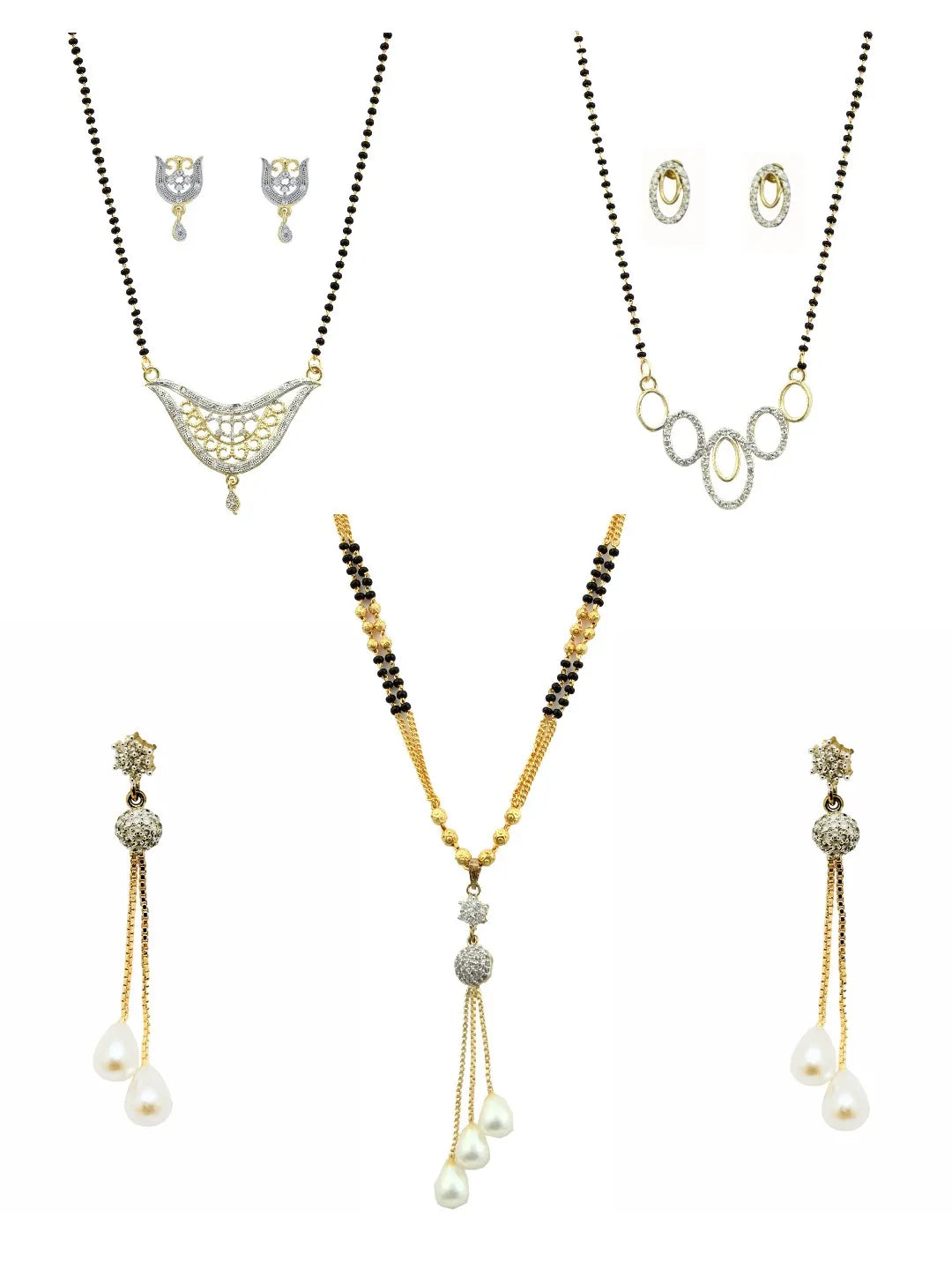 Set of 3 Gold-Plated American Diamond Studded and Beaded Mangalsutras