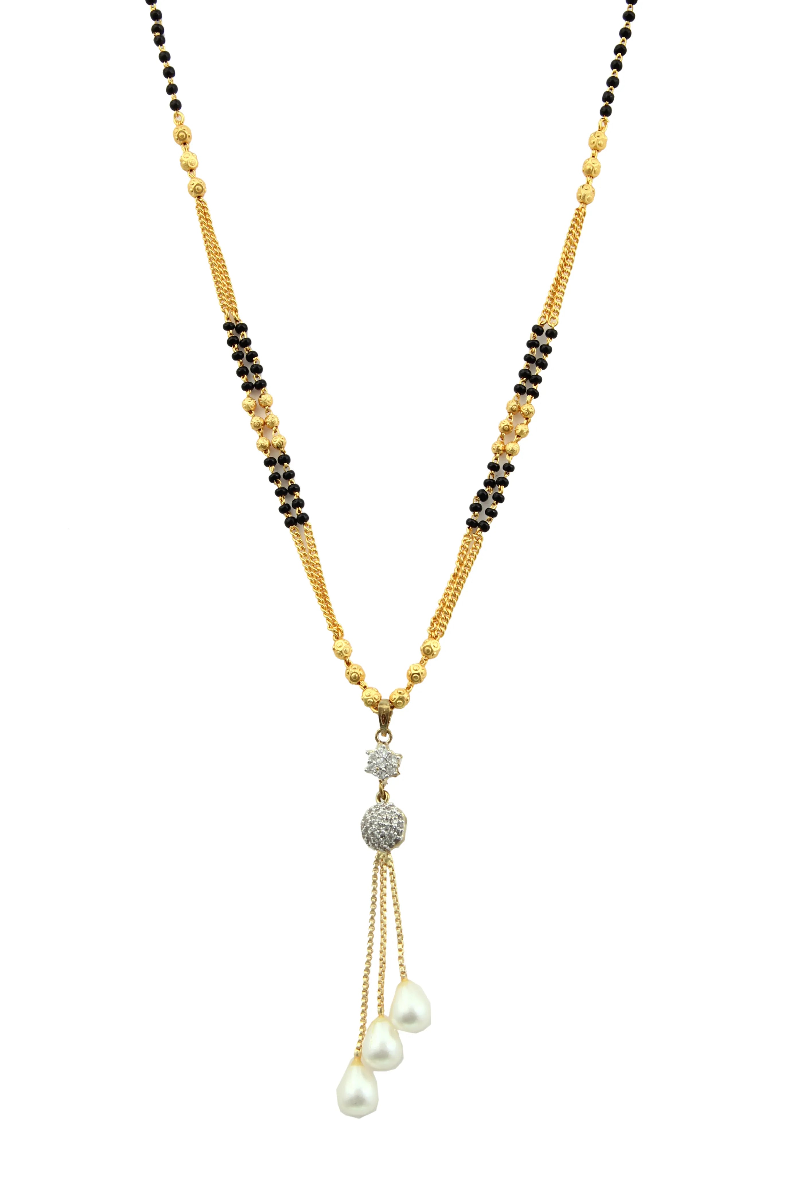 Set of 3 Gold-Plated American Diamond Studded and Beaded Mangalsutras