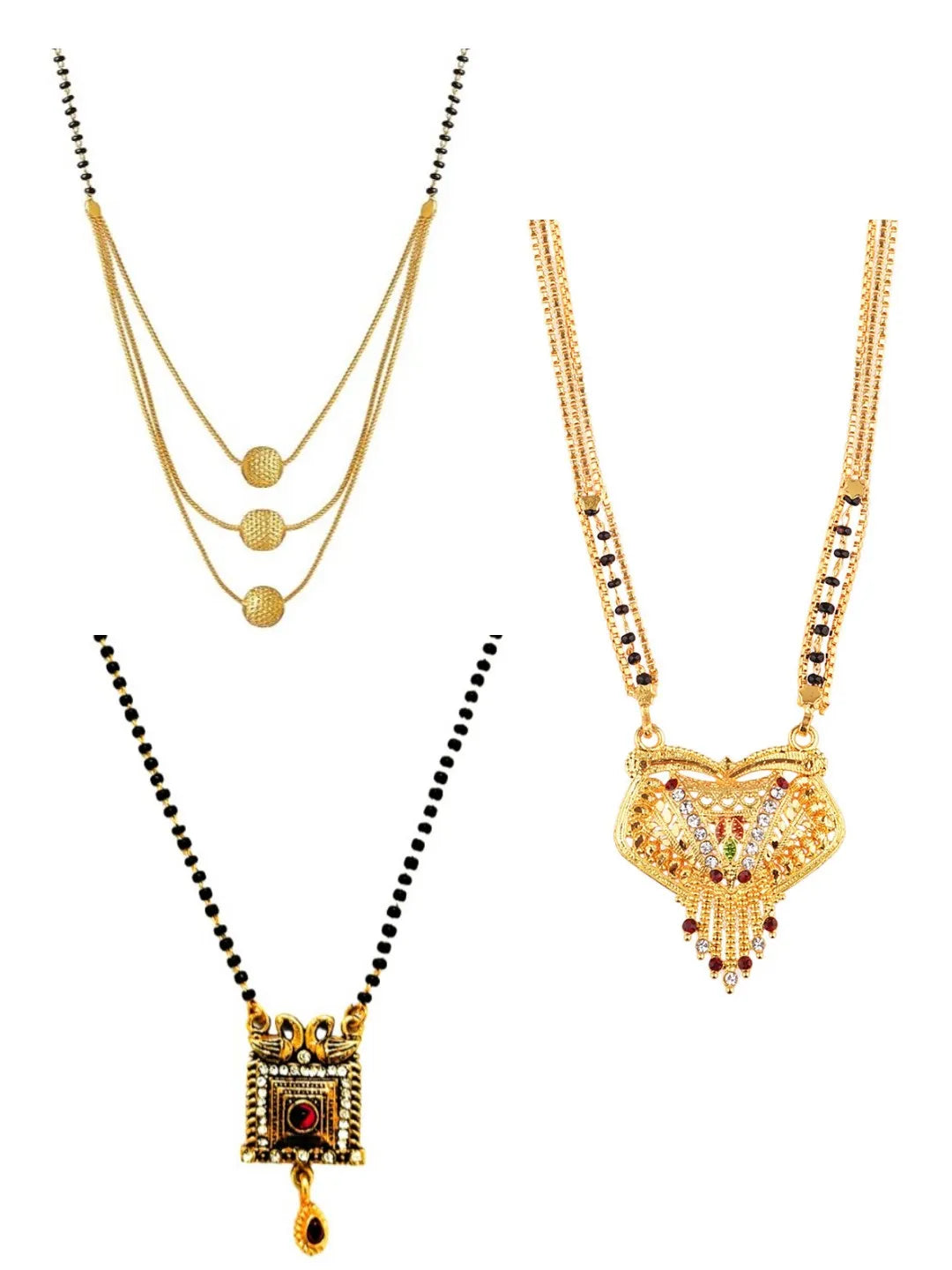 Set of 3 Gold-Plated Studded and Beaded Mangalsutras