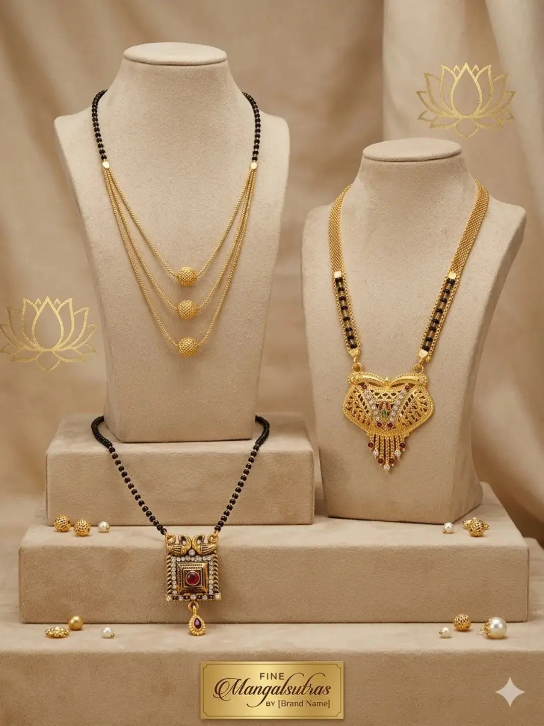 Set of 3 Gold-Plated Studded and Beaded Mangalsutras