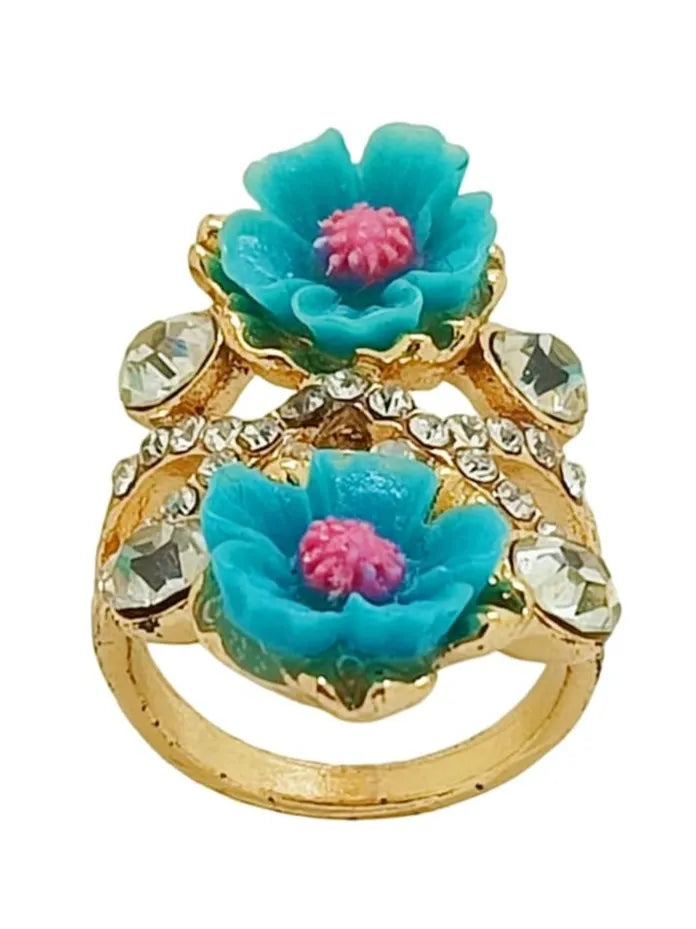 Set Of 2 Gold-Plated Royal Blue Floral & Stone Studded Rings
