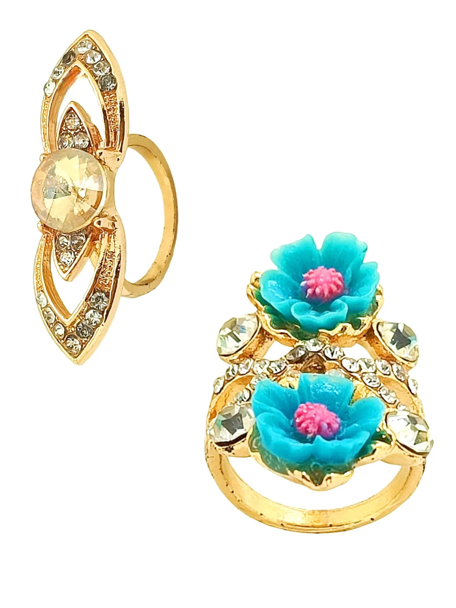 Set Of 2 Gold-Plated Royal Blue Floral & Stone Studded Rings