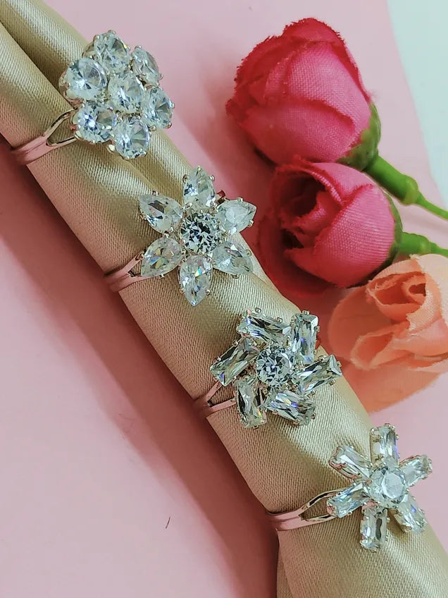 Set Of 4 Silver-Plated Cubic Zirconia Studded Finger Rings