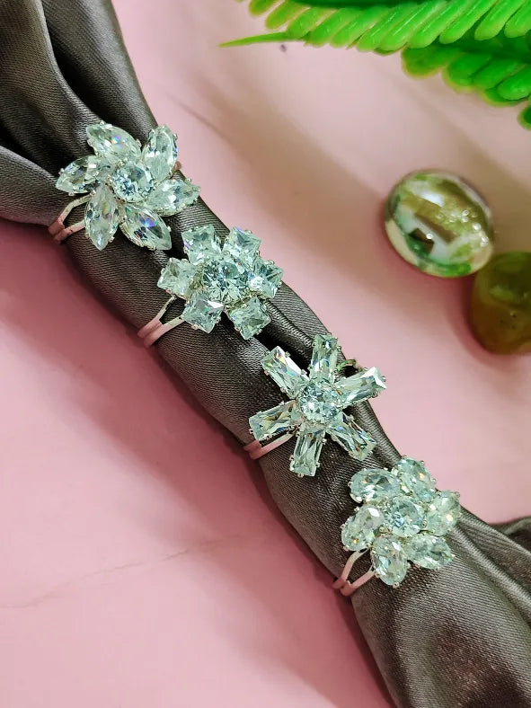 Set Of 4 Silver-Plated Crystal Stone Studded Rings
